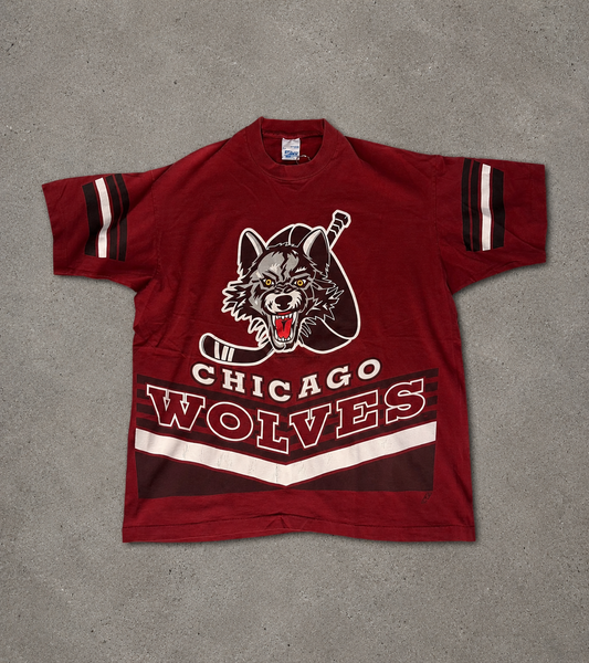 Vintage Chicago Wolves All Over Print Hockey Tee – 90s AHL Graphic Tee